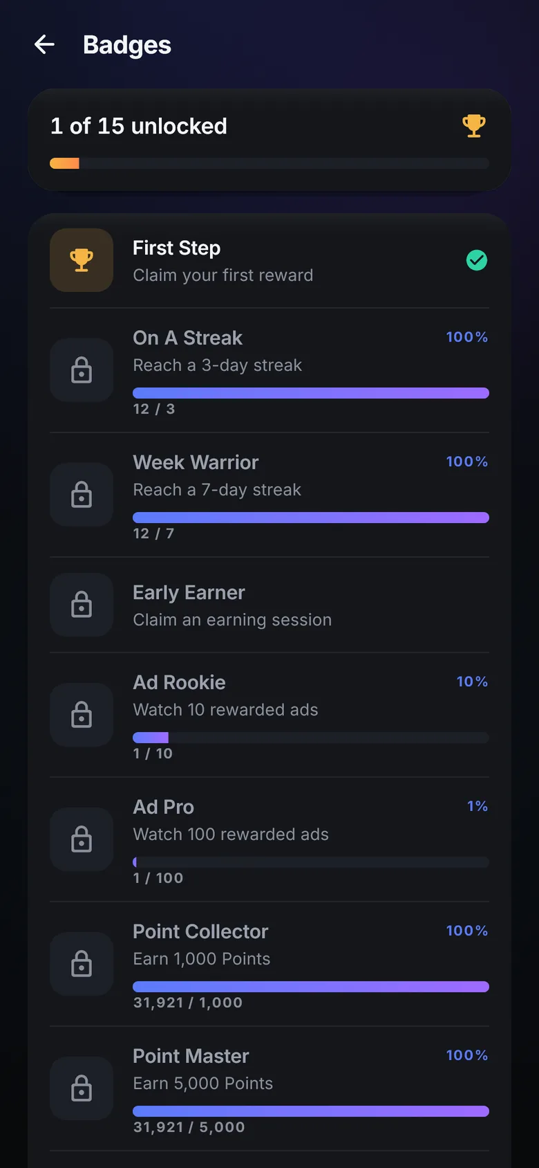 Badges screen