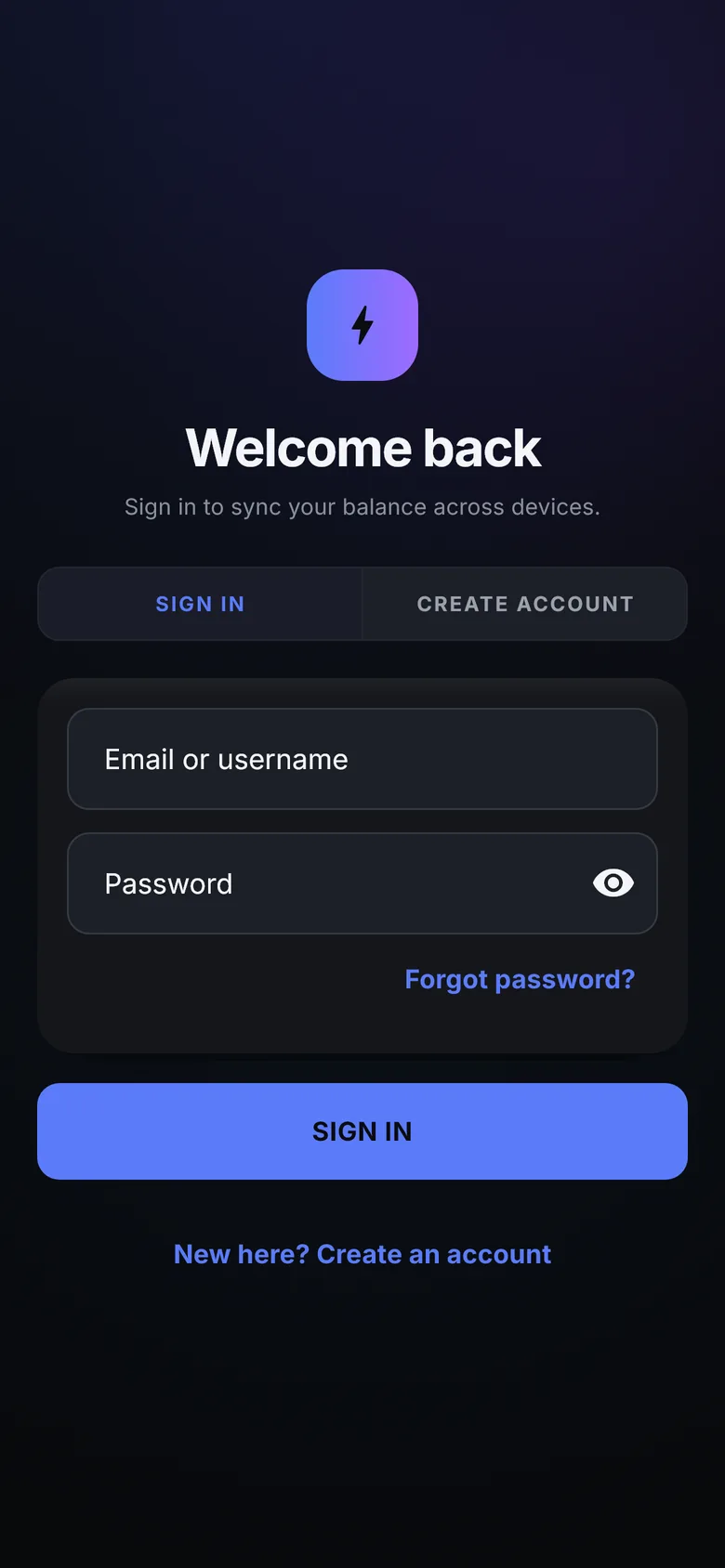 Sign in screen