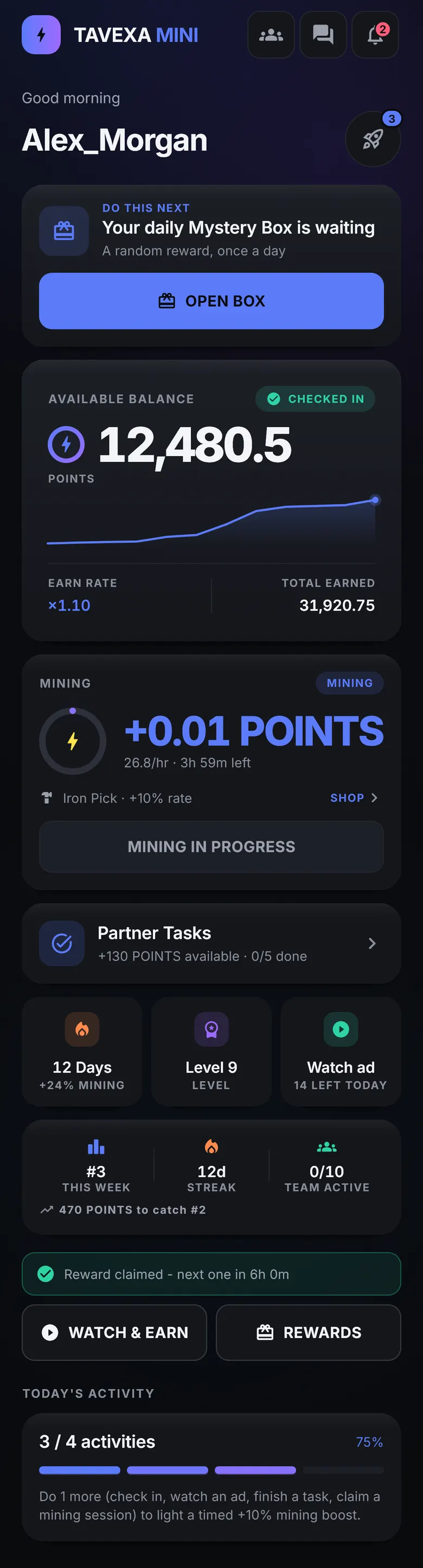 The TAVEXA MINI home screen: a next-best-action card, the Points balance with a sparkline, and a live mining session.