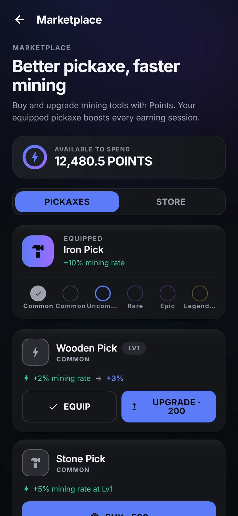 Marketplace screen
