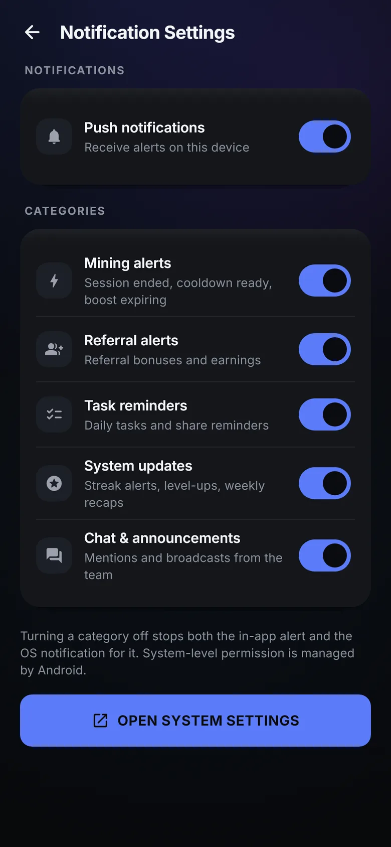 Notifications screen