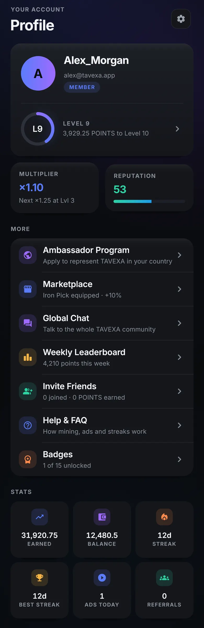 Profile screen