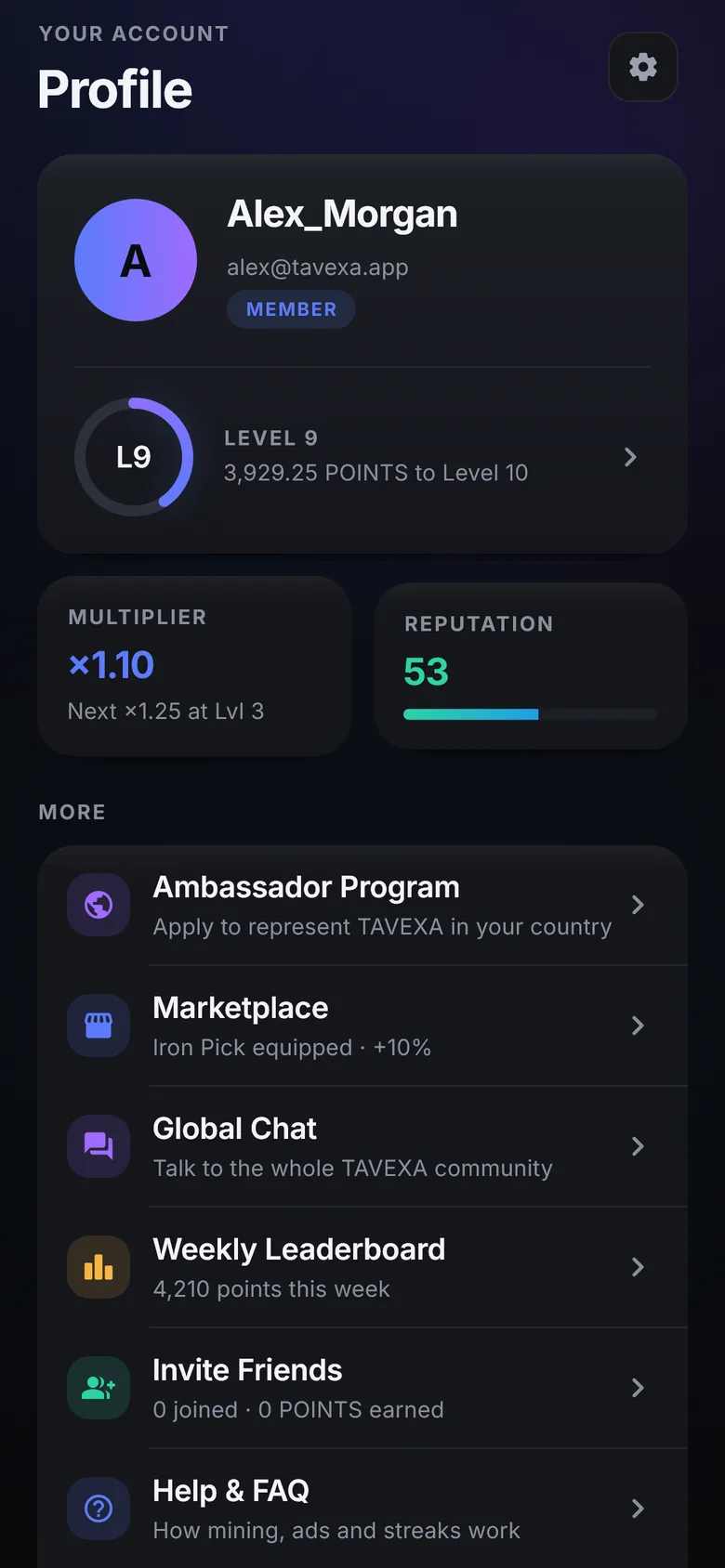 Profile screen