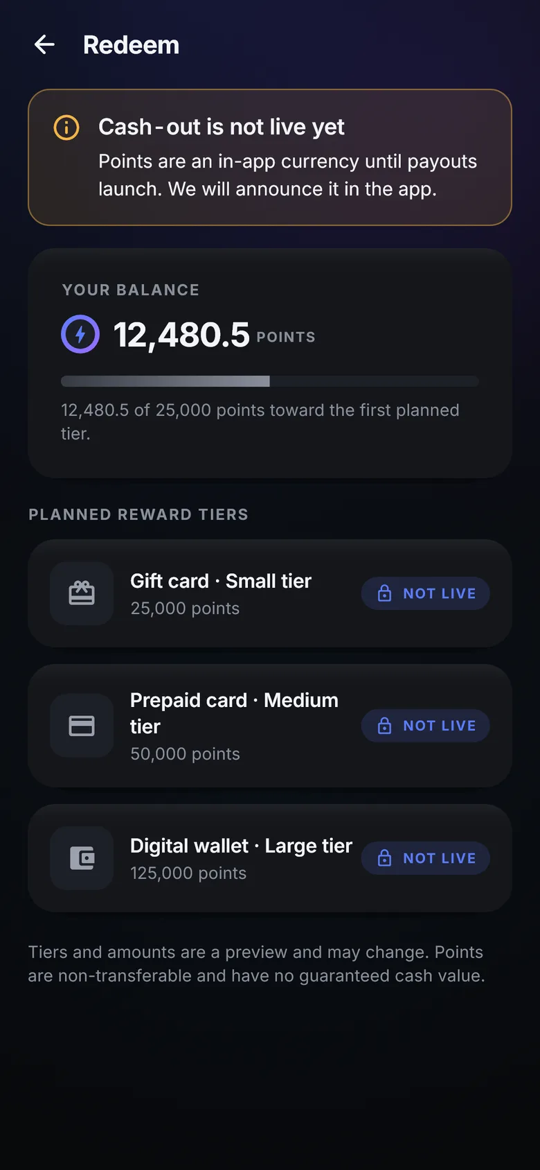 Redeem screen