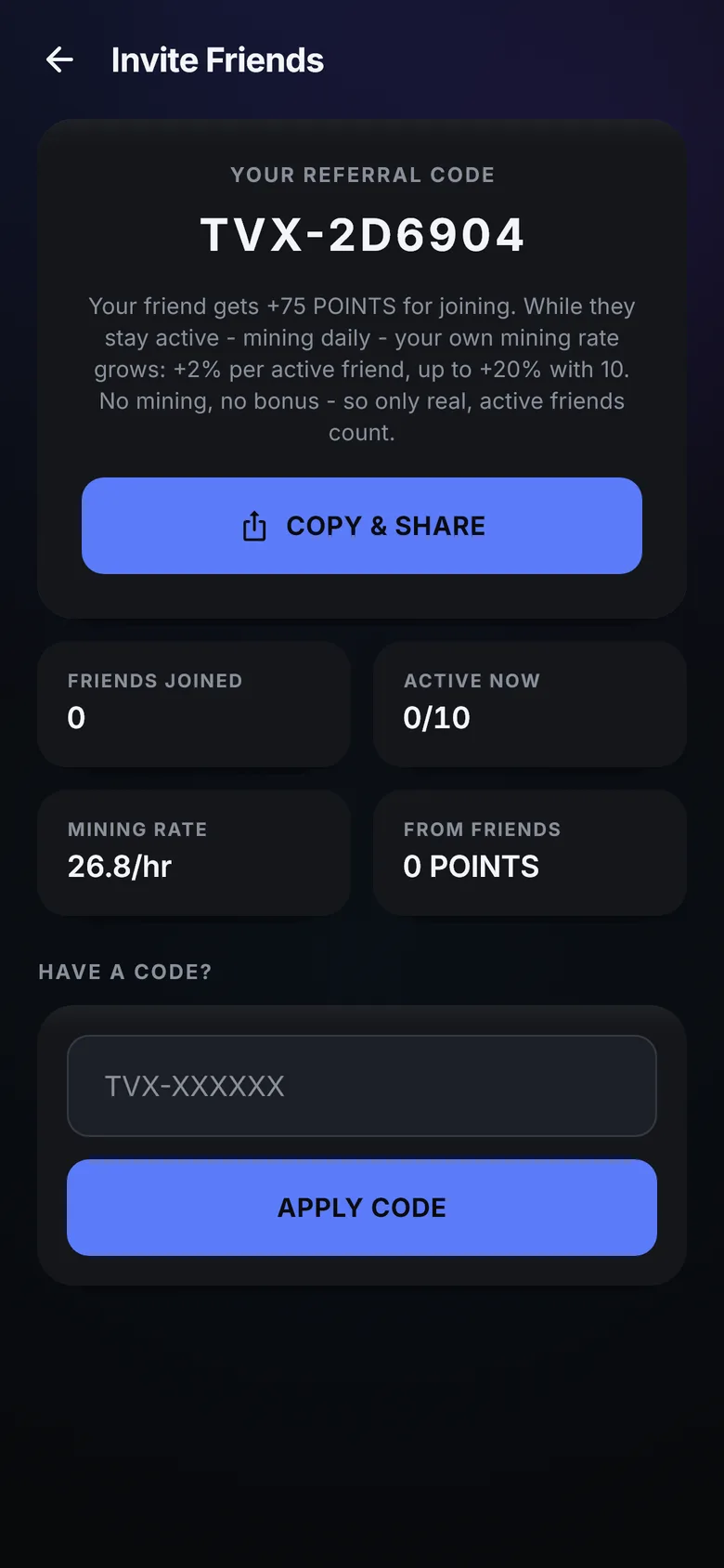 Invite friends screen
