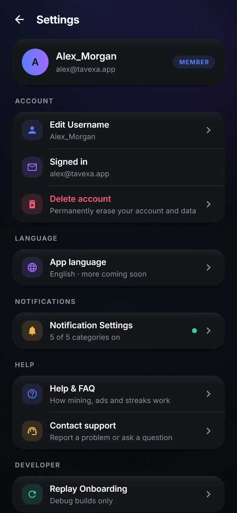 Settings screen