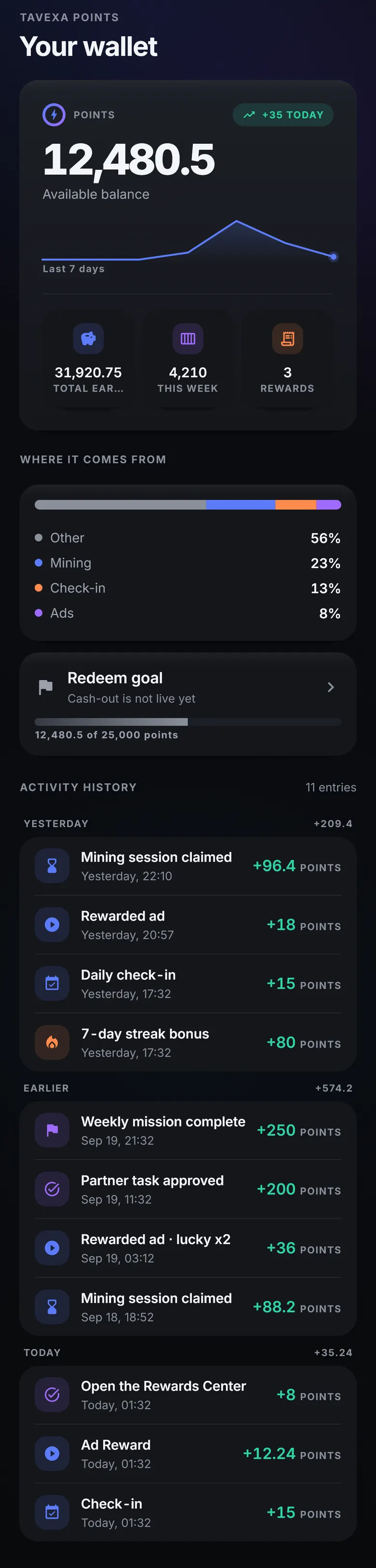 Wallet with balance and sources